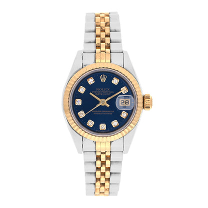 Rolex Stainless Steel 18K Yellow Gold Diamond 26mm Oyster Perpetual Datejust Watch Blue 79173 1 of 4