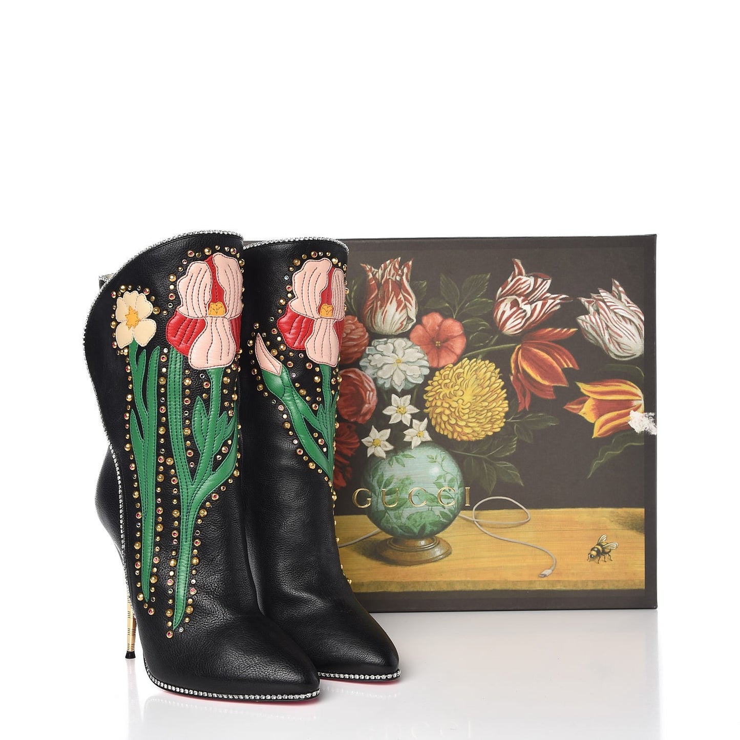 Calfskin Floral Crystal Embroidered Fosca Boots 38 Black