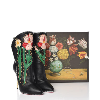 Gucci Calfskin Floral Crystal Embroidered Fosca Boots 38 Black 9 of 9