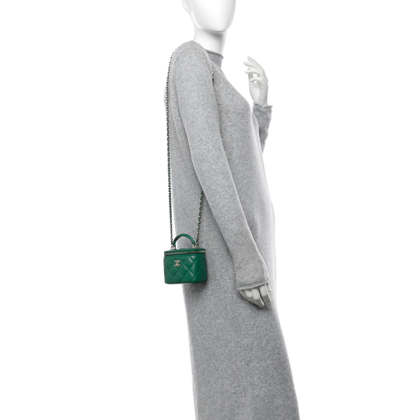 Lambskin Quilted Top Handle Mini Vanity Case With Chain Green