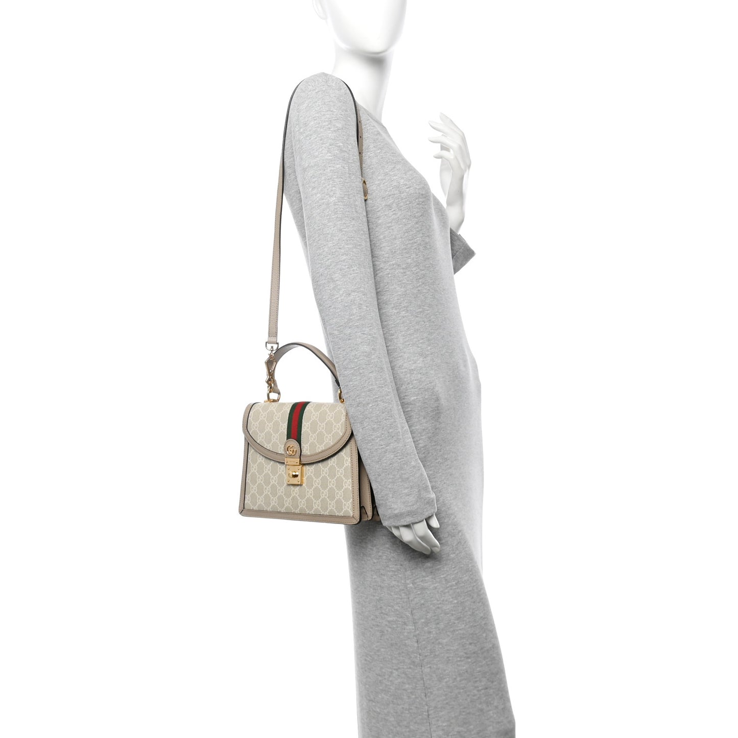 GG Supreme Monogram Textured Dollar Calfskin Web Small Ophidia Padlock Top Handle Bag Beige Mystic White Oatmeal