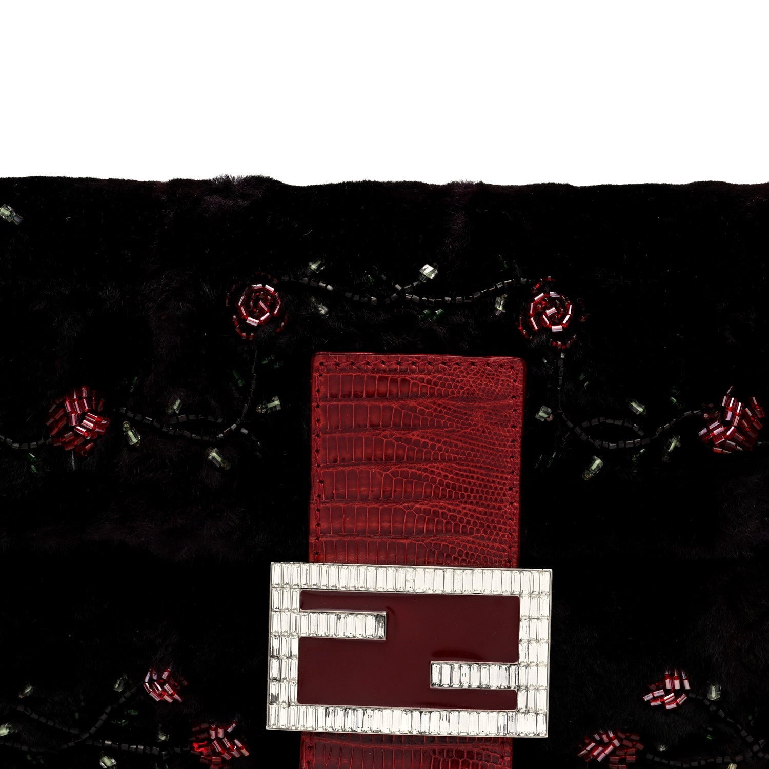 Fendi Rabbit Fur Lizard Crystal Beaded Rose Baguette Brown Red 7 of 10