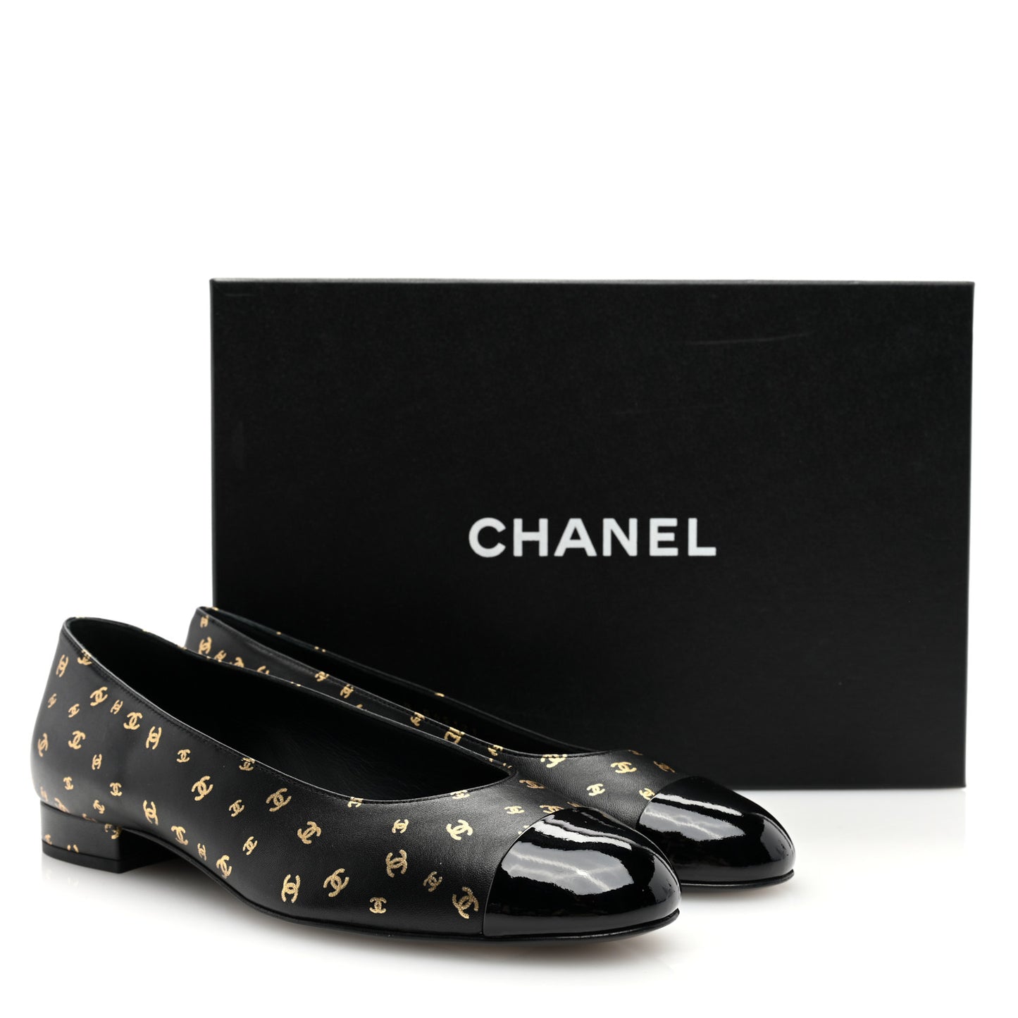 Lambskin Patent Calfskin Printed CC Cap Toe Ballerina Flats 37.5 Black Gold