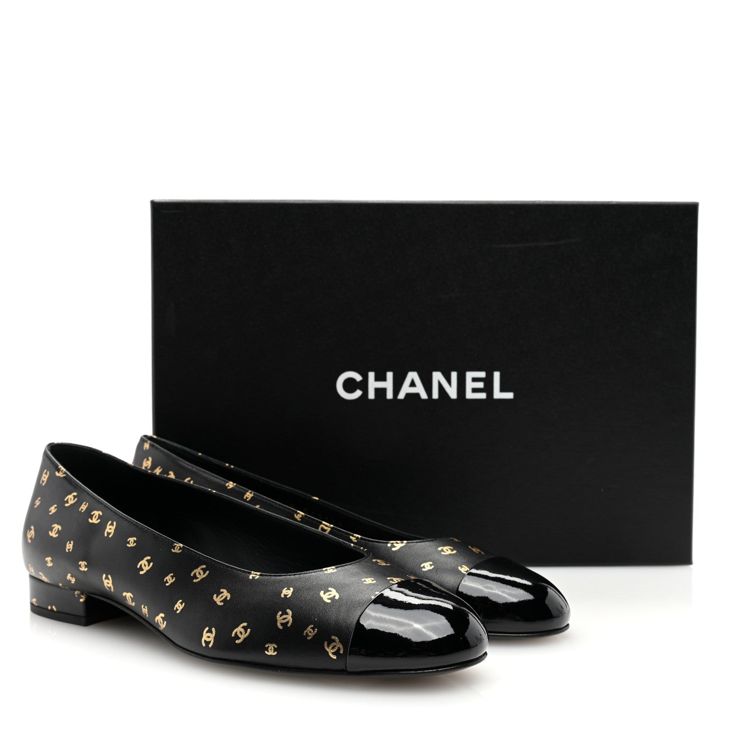 Chanel Lambskin Patent Calfskin Printed CC Cap Toe Ballerina Flats 37.5 Black Gold 9 of 9