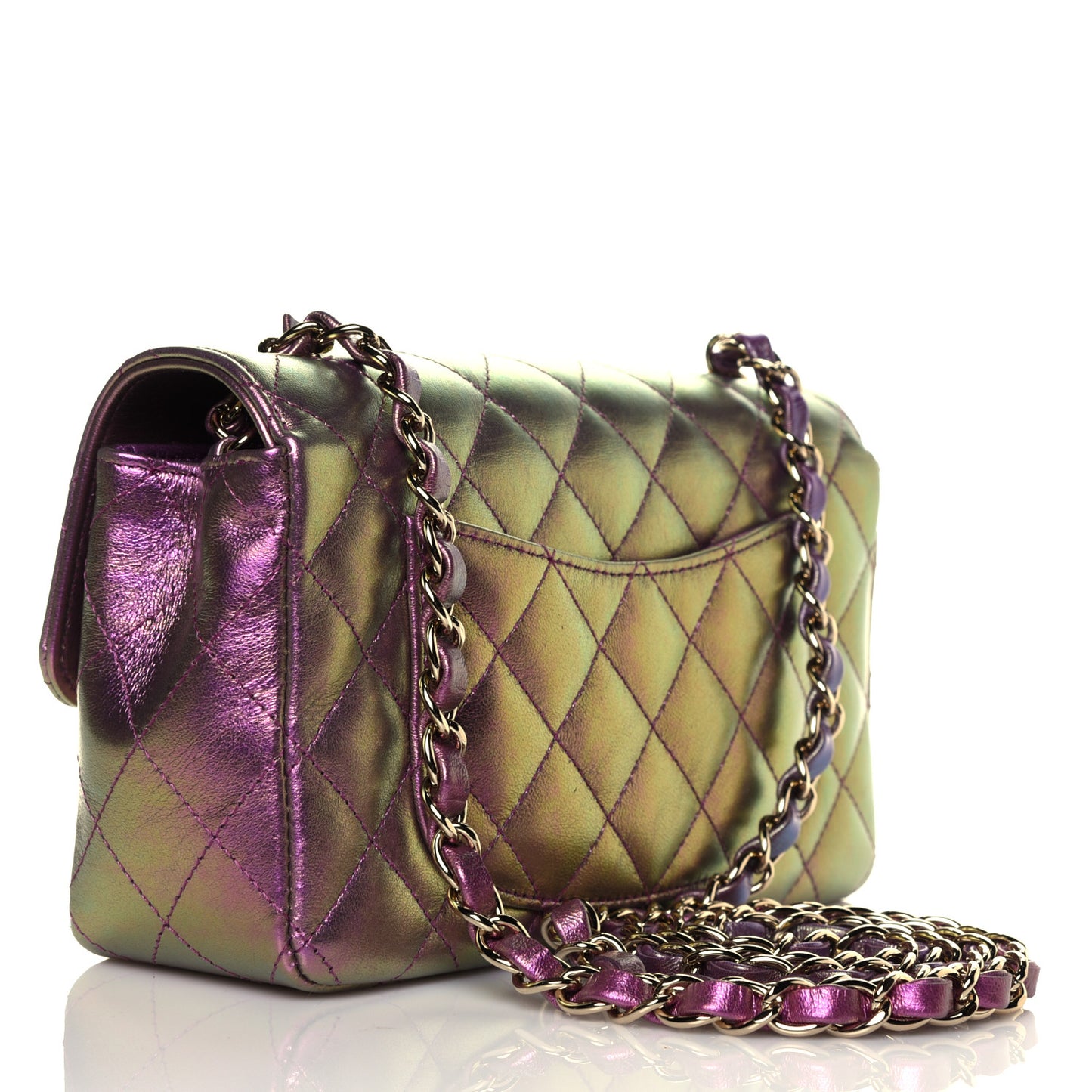 Iridescent Lambskin Quilted Mini Rectangular Flap Purple