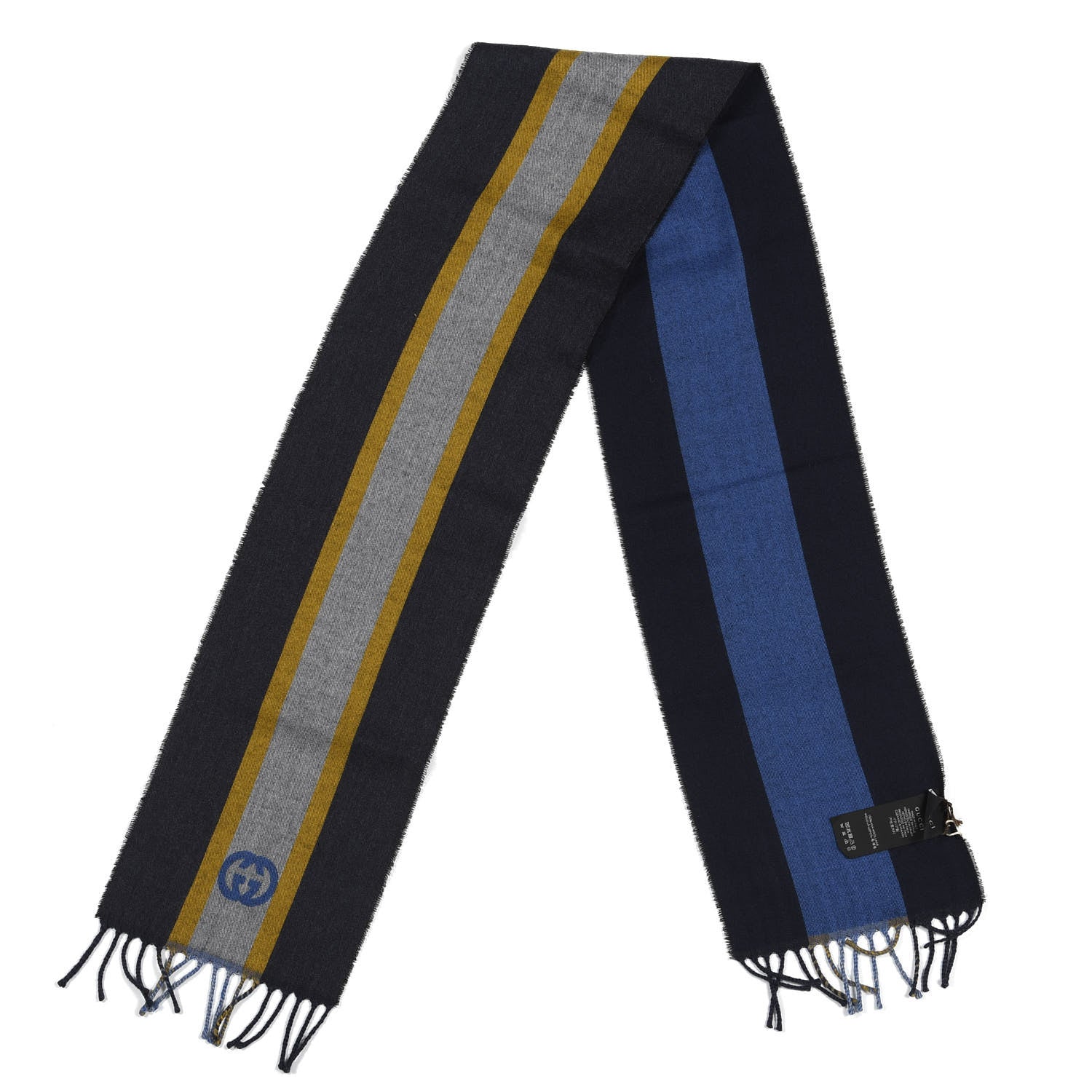 Gucci Wool Web GG Reversible Fringe Scarf Navy Light Grey 3 of 3