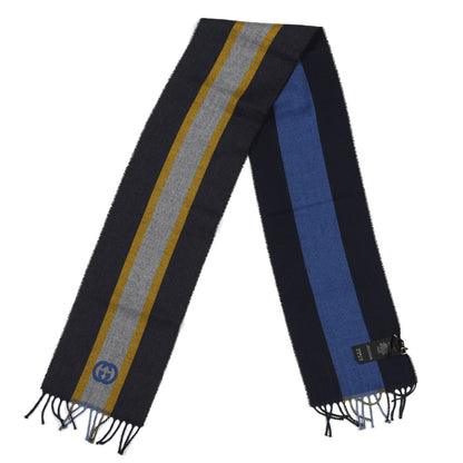 Gucci Wool Web GG Reversible Fringe Scarf Navy Light Grey 3 of 3