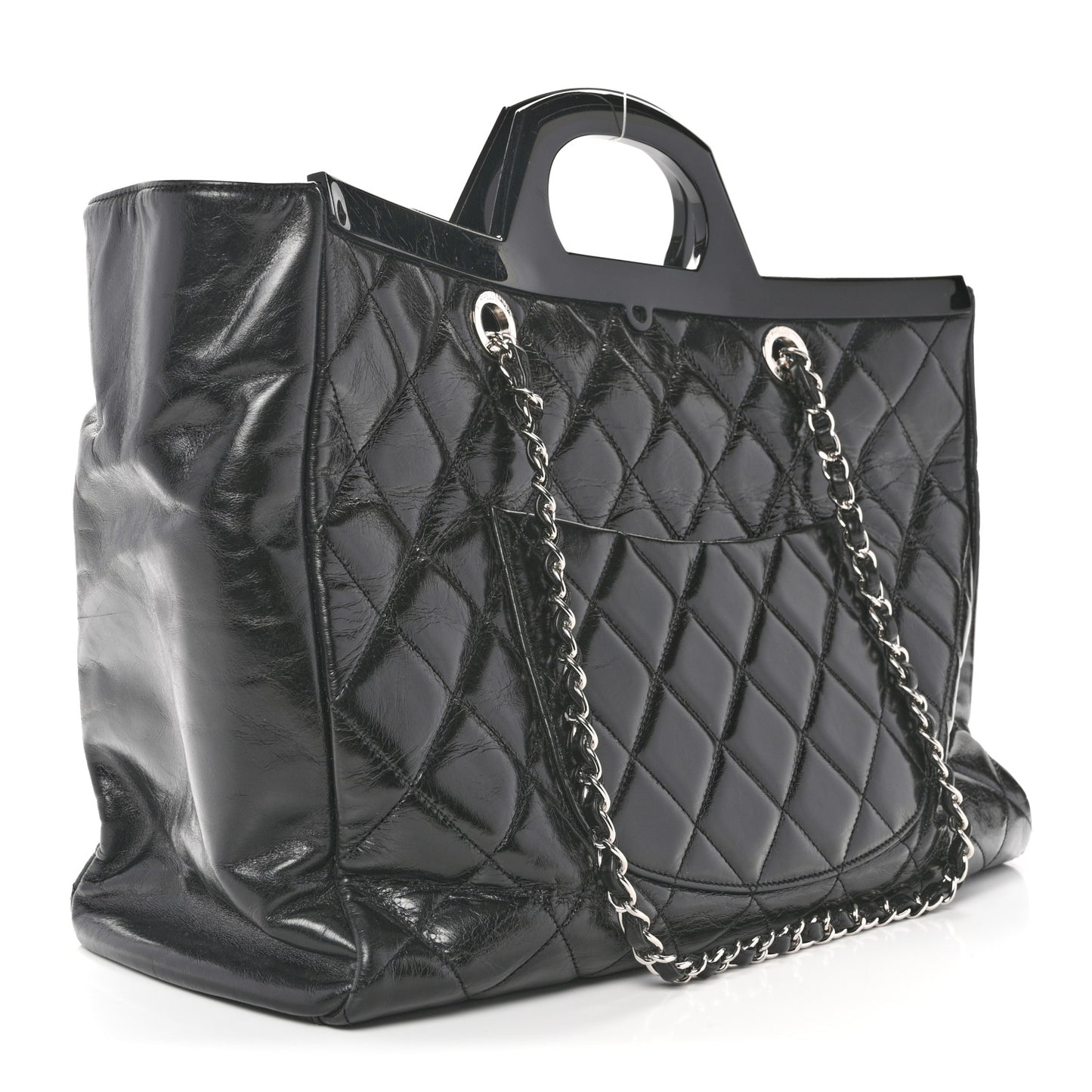 Glazed Calfskin Quilted Large CC Delivery Tote Black