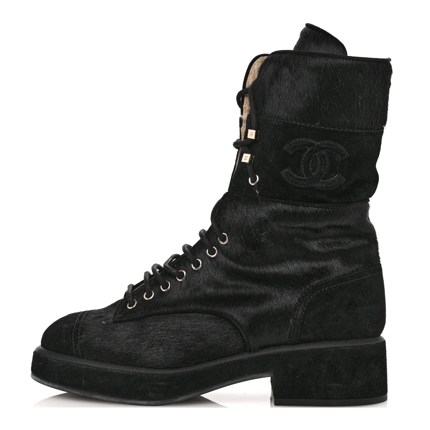 Chanel Suede Pony Hair Shearling Lace Up Combat Boots 40 Black 1 of 12
