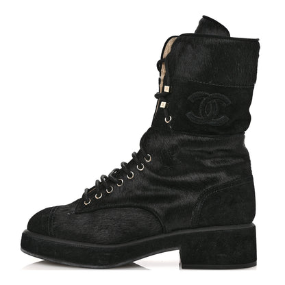 Chanel Suede Pony Hair Shearling Lace Up Combat Boots 40 Black 1 of 12