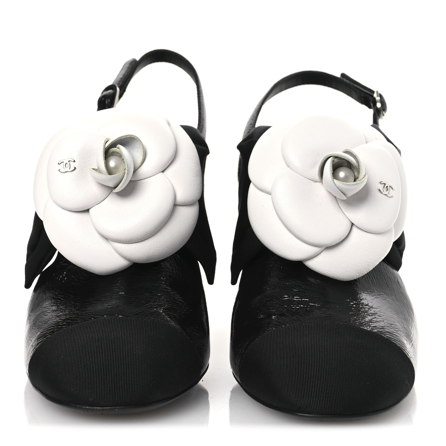Crumpled Shiny Fabric Grosgrain Cap Toe Camellia Bow Slingback Pumps 38.5 Black