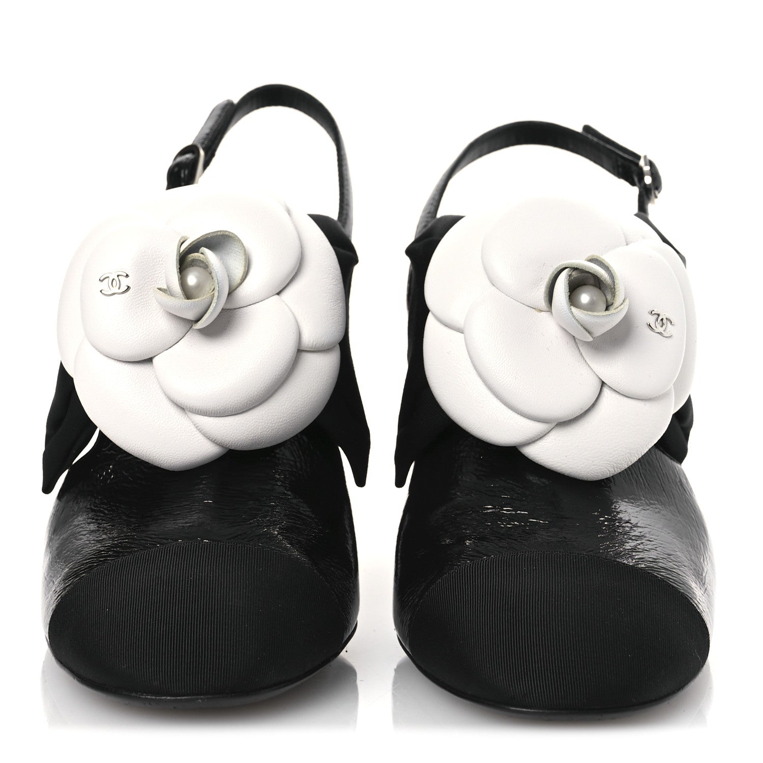 Chanel Crumpled Shiny Fabric Grosgrain Cap Toe Camellia Bow Slingback Pumps 38.5 Black 3 of 11