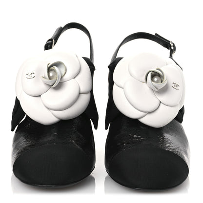 Chanel Crumpled Shiny Fabric Grosgrain Cap Toe Camellia Bow Slingback Pumps 38.5 Black 3 of 11