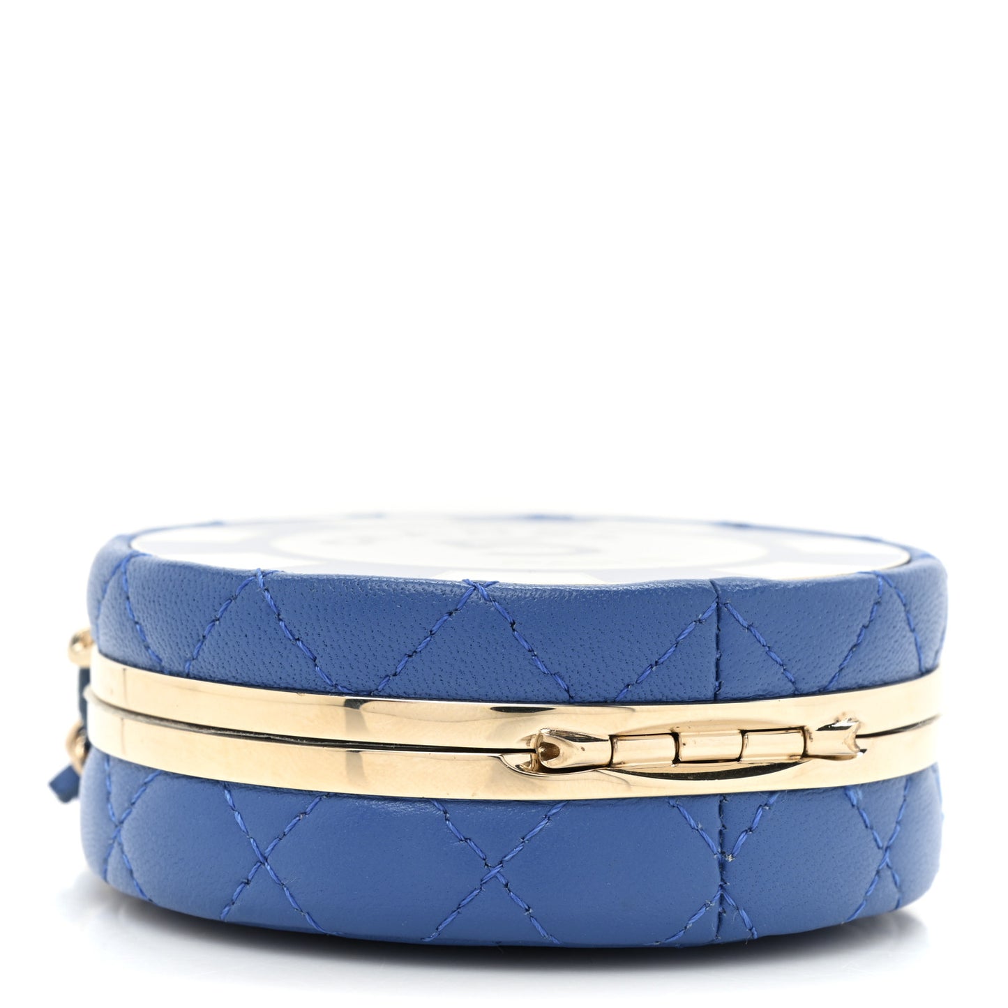 Lambskin Enamel Quilted Round Poker Chip Clutch With Chain Blue White