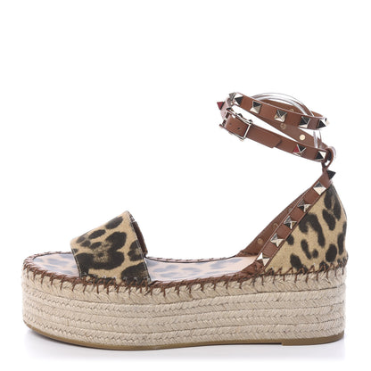 Valentino Garavani Canvas Leopard Print Rockstud Ankle Wrap Espadrille Flatform Sandals 37 Brown 1 of 13