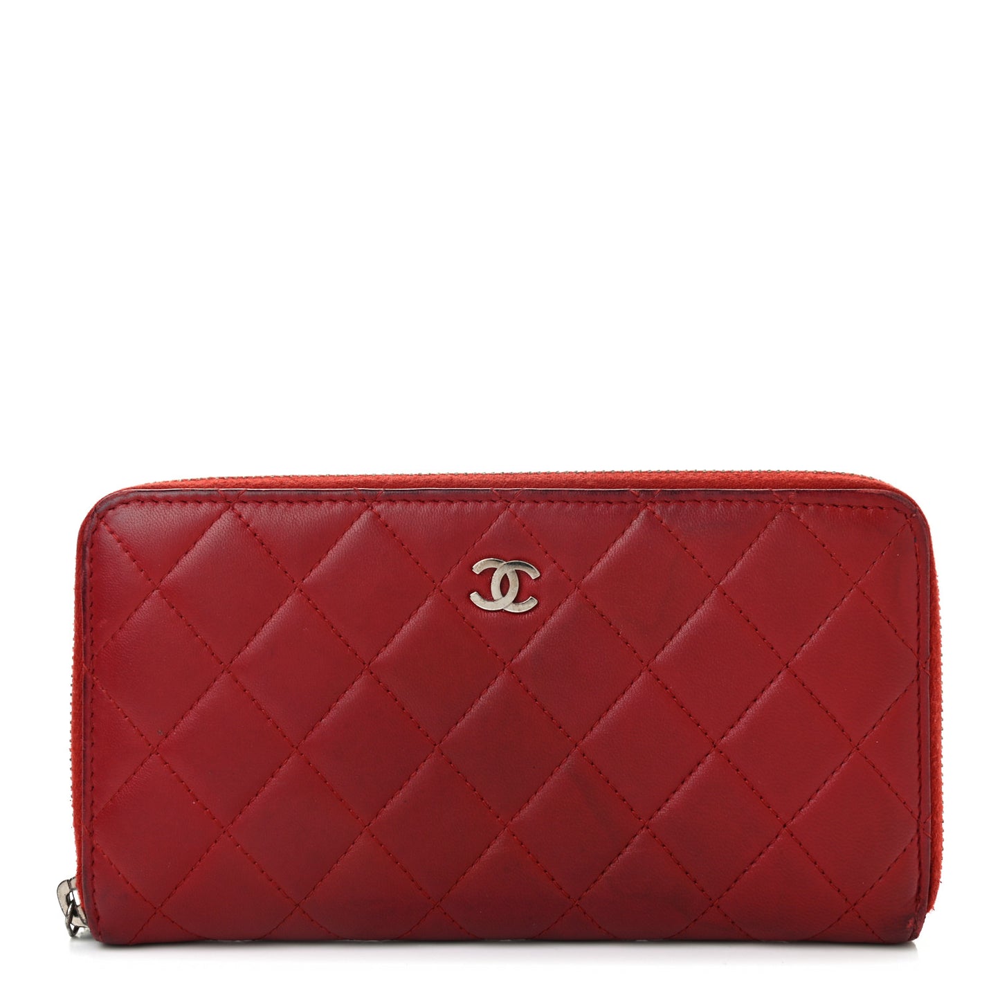 Lambskin Quilted Large Gusset Zip Around Wallet Red