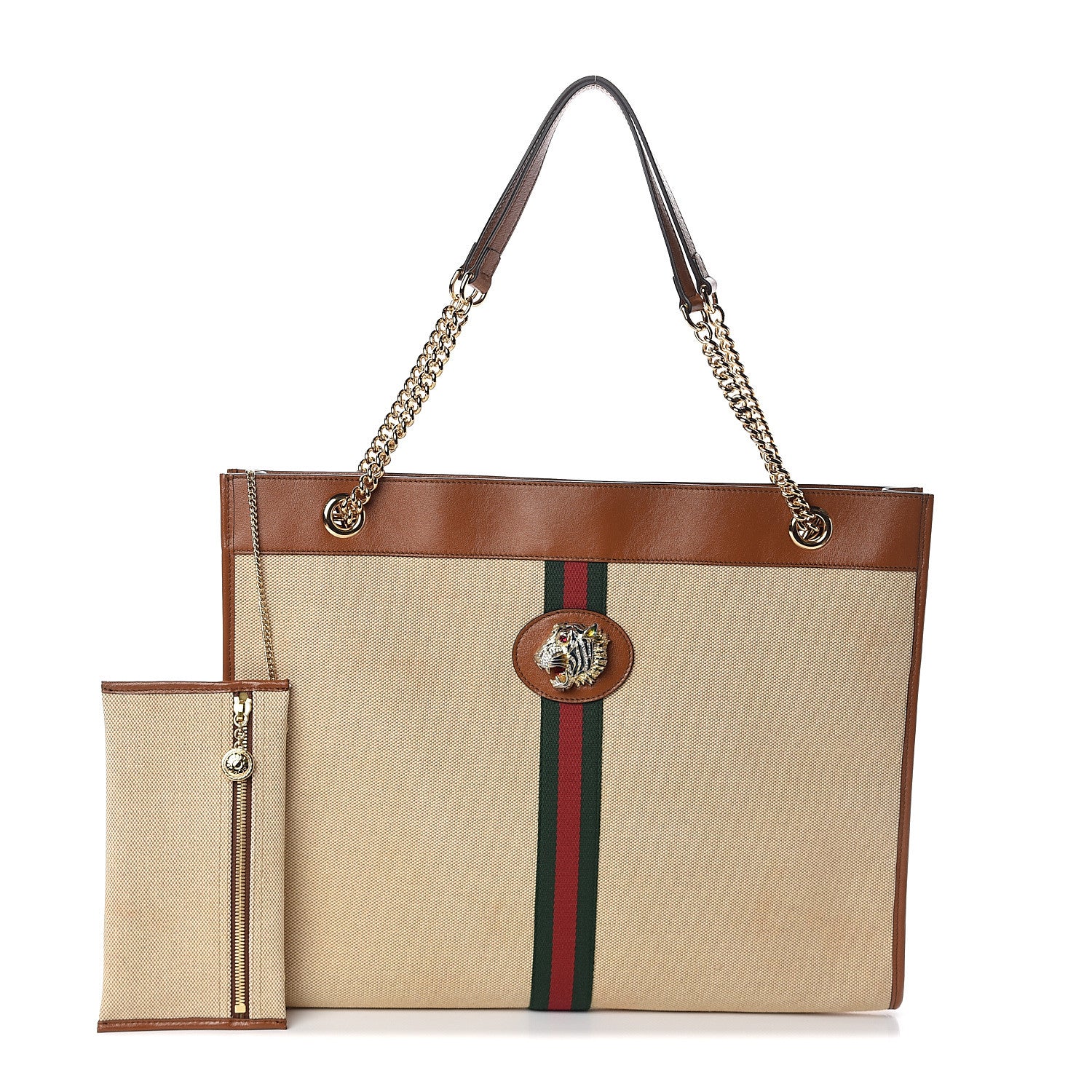 Gucci Vintage Canvas Calfskin Web Large Rajah Chain Tote Sand Light Cuir 1 of 10