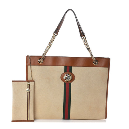 Gucci Vintage Canvas Calfskin Web Large Rajah Chain Tote Sand Light Cuir 1 of 10