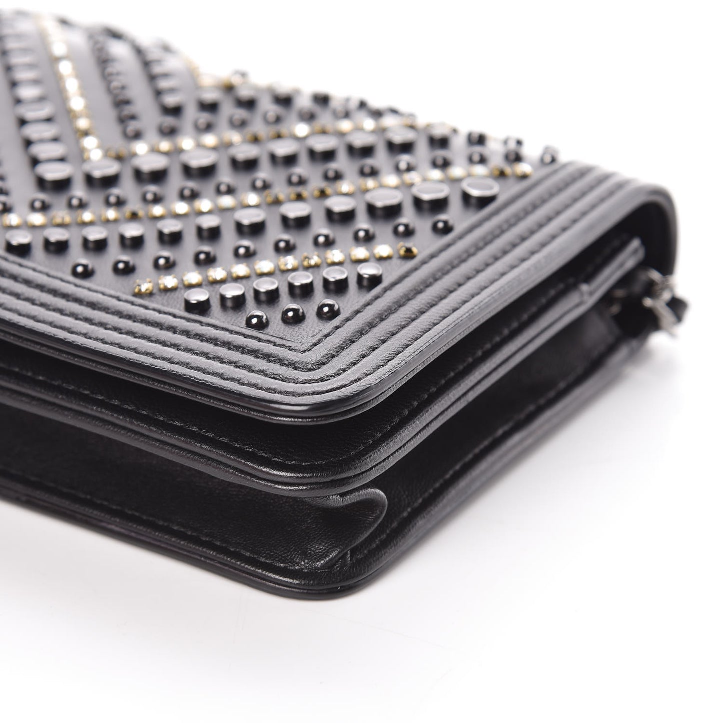 Calfskin Crystal Studded Chevron Boy Wallet On Chain WOC Black