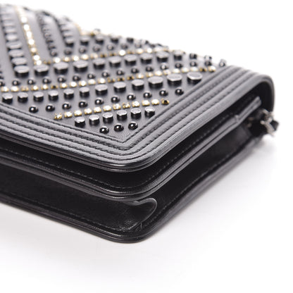 Chanel Calfskin Crystal Studded Chevron Boy Wallet On Chain WOC Black 6 of 17