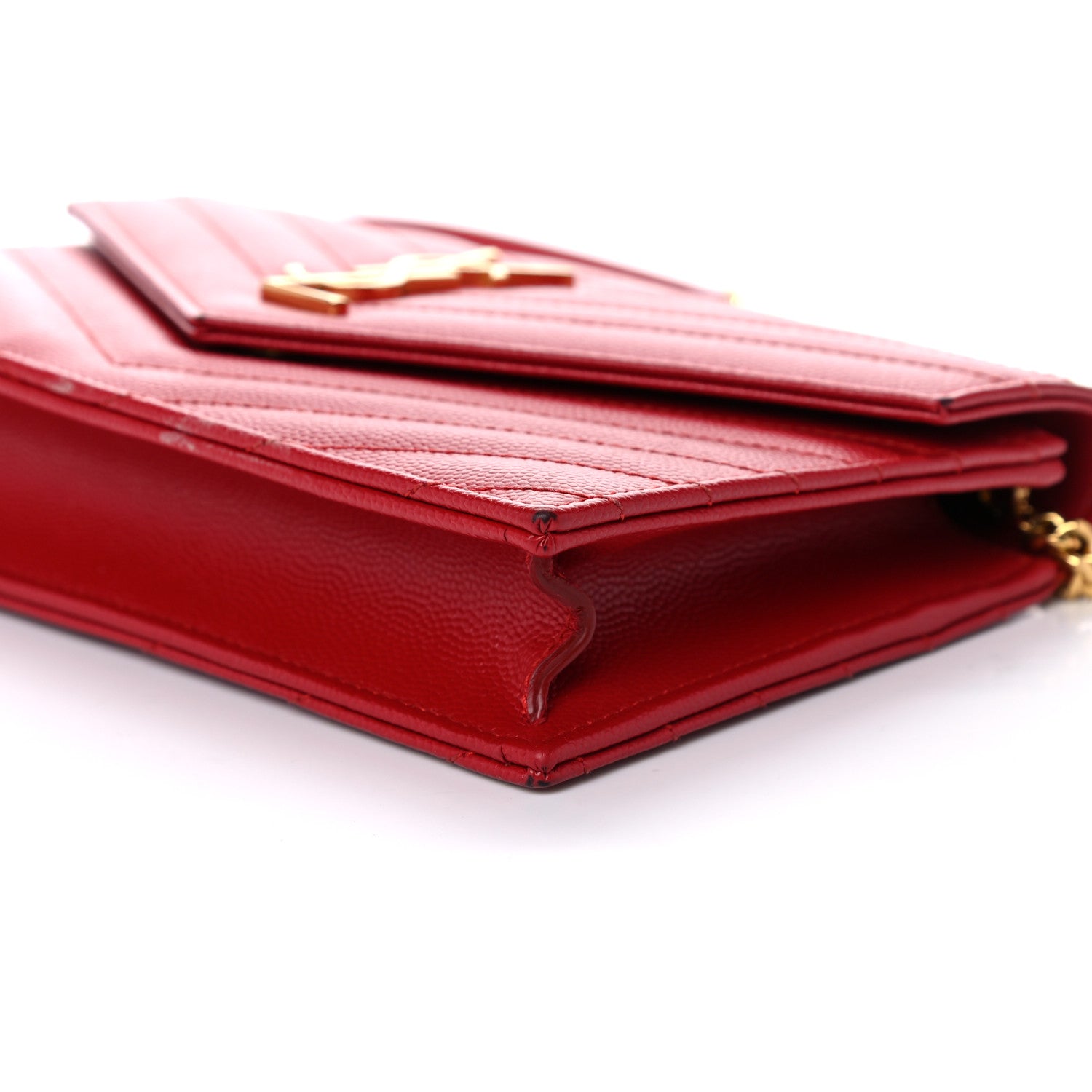 Saint Laurent Grain De Poudre Matelasse Chevron Monogram Envelope Chain Wallet New Red 10 of 16