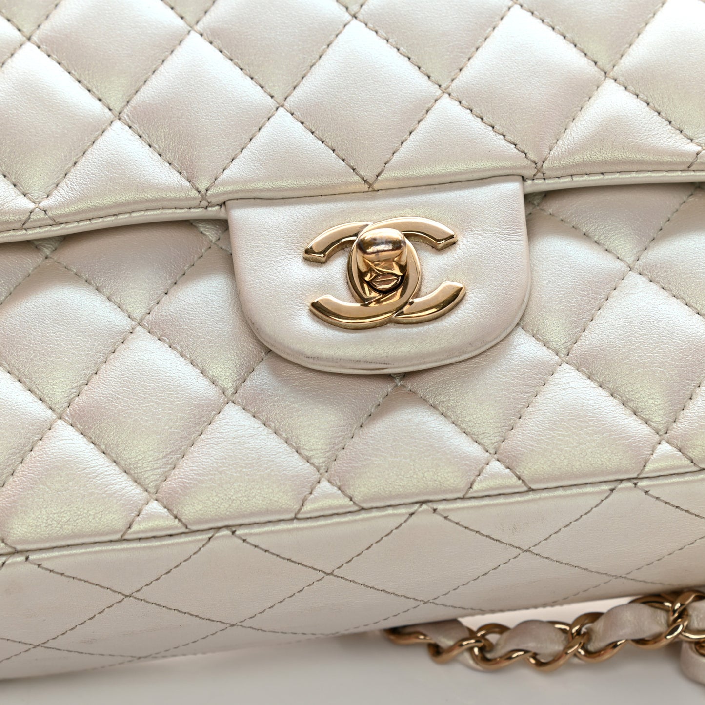 Iridescent Calfskin Quilted Medium Double Flap White