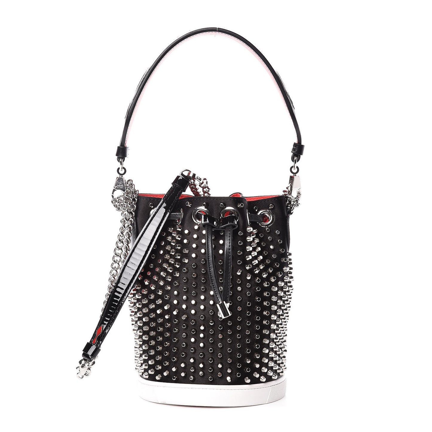 Silk Satin Calfskin Marie Jane Loubirun Studded Bucket Black Silver