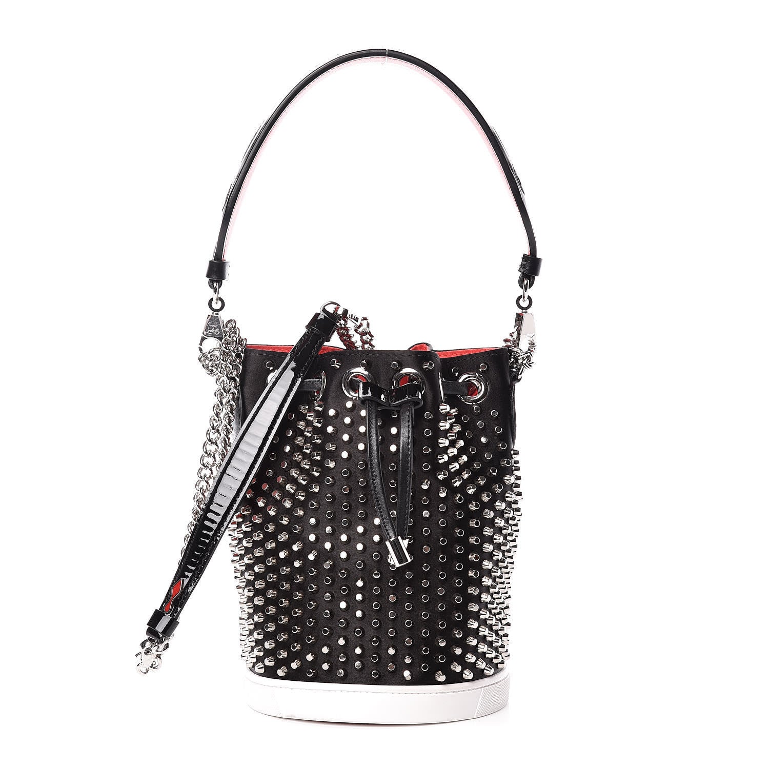 Christian Louboutin Silk Satin Calfskin Marie Jane Loubirun Studded Bucket Black Silver 1 of 12