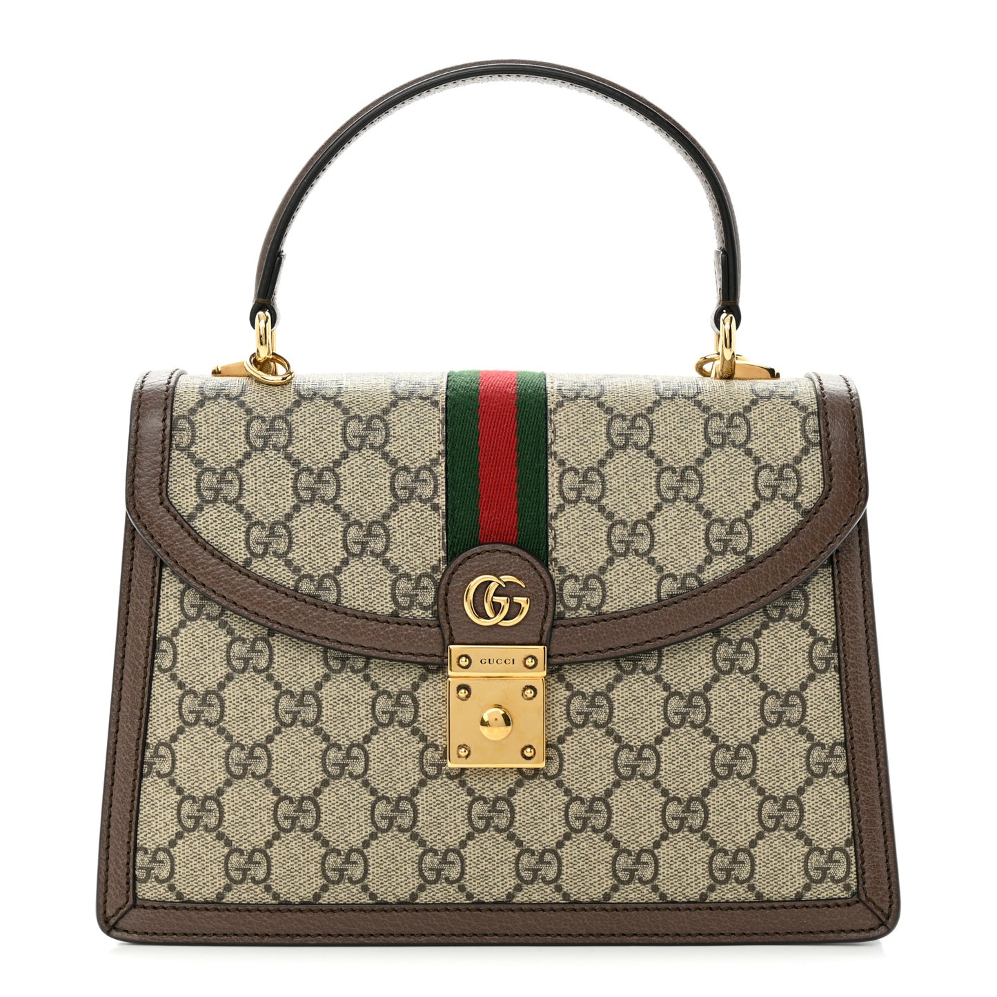 GG Supreme Monogram Textured Dollar Calfskin Web Small Ophidia Padlock Top Handle Bag Beige Ebony New Acero
