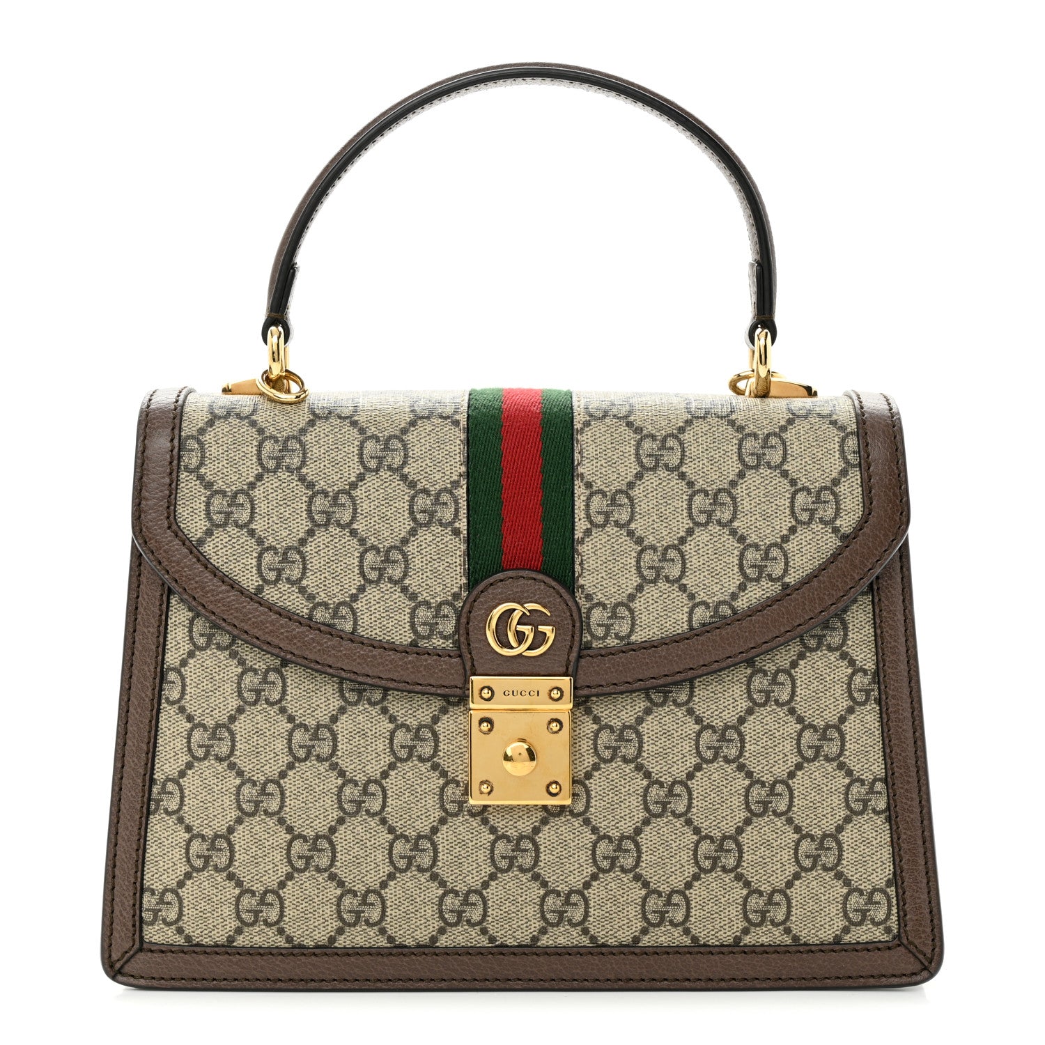 Gucci GG Supreme Monogram Textured Dollar Calfskin Web Small Ophidia Padlock Top Handle Bag Beige Ebony New Acero 1 of 11