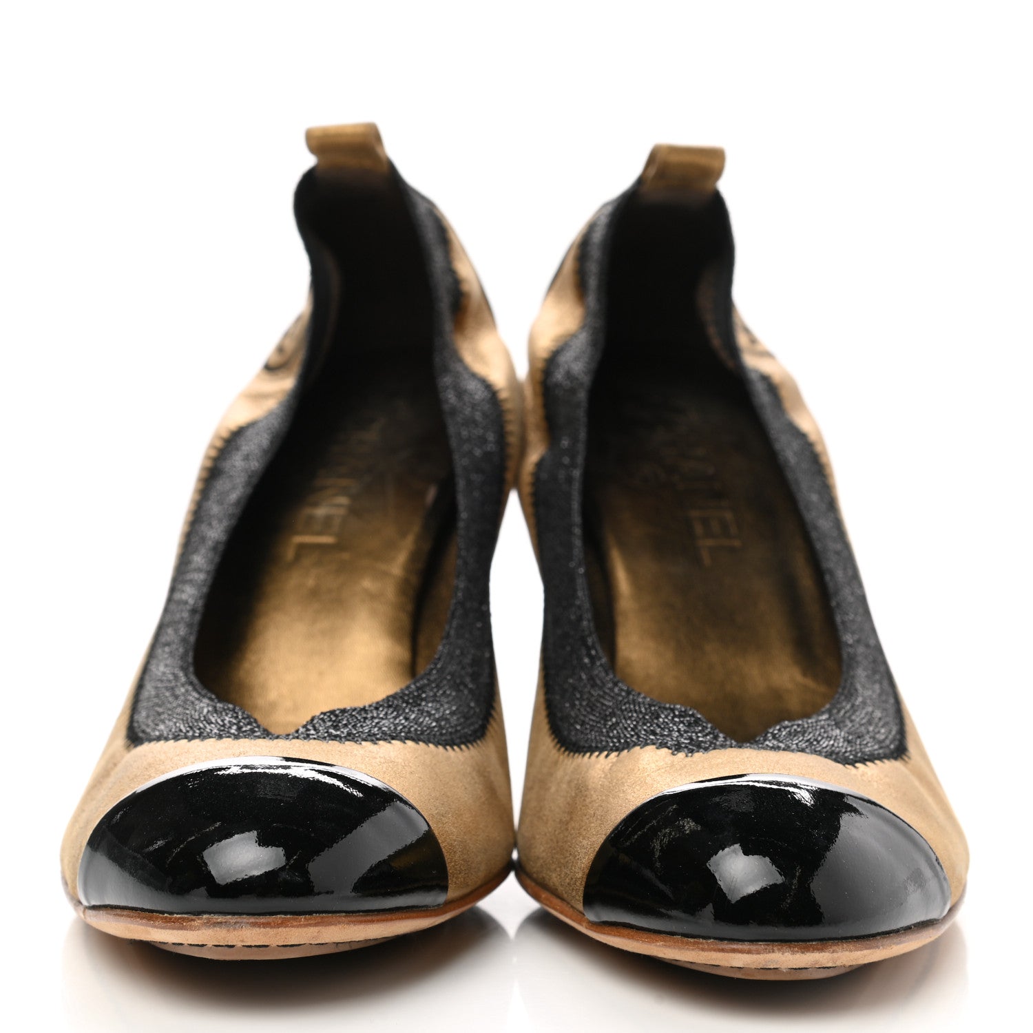 Chanel Metallic Lambskin Patent CC Elastic Stretch Pumps 41 Gold Black 2 of 9