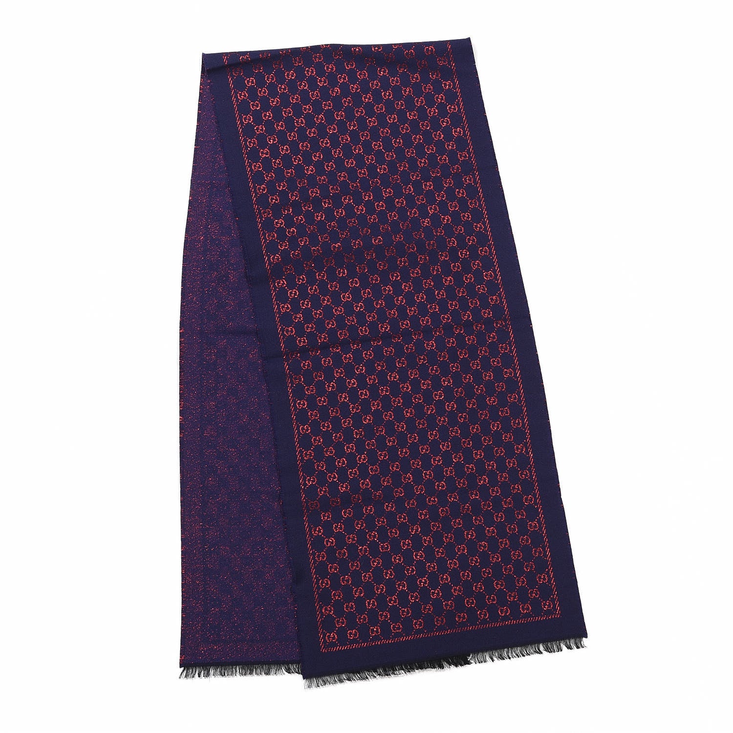Gucci Wool Silk Jacquard GG Monogram Stenix Scarf Navy Red 2 of 4