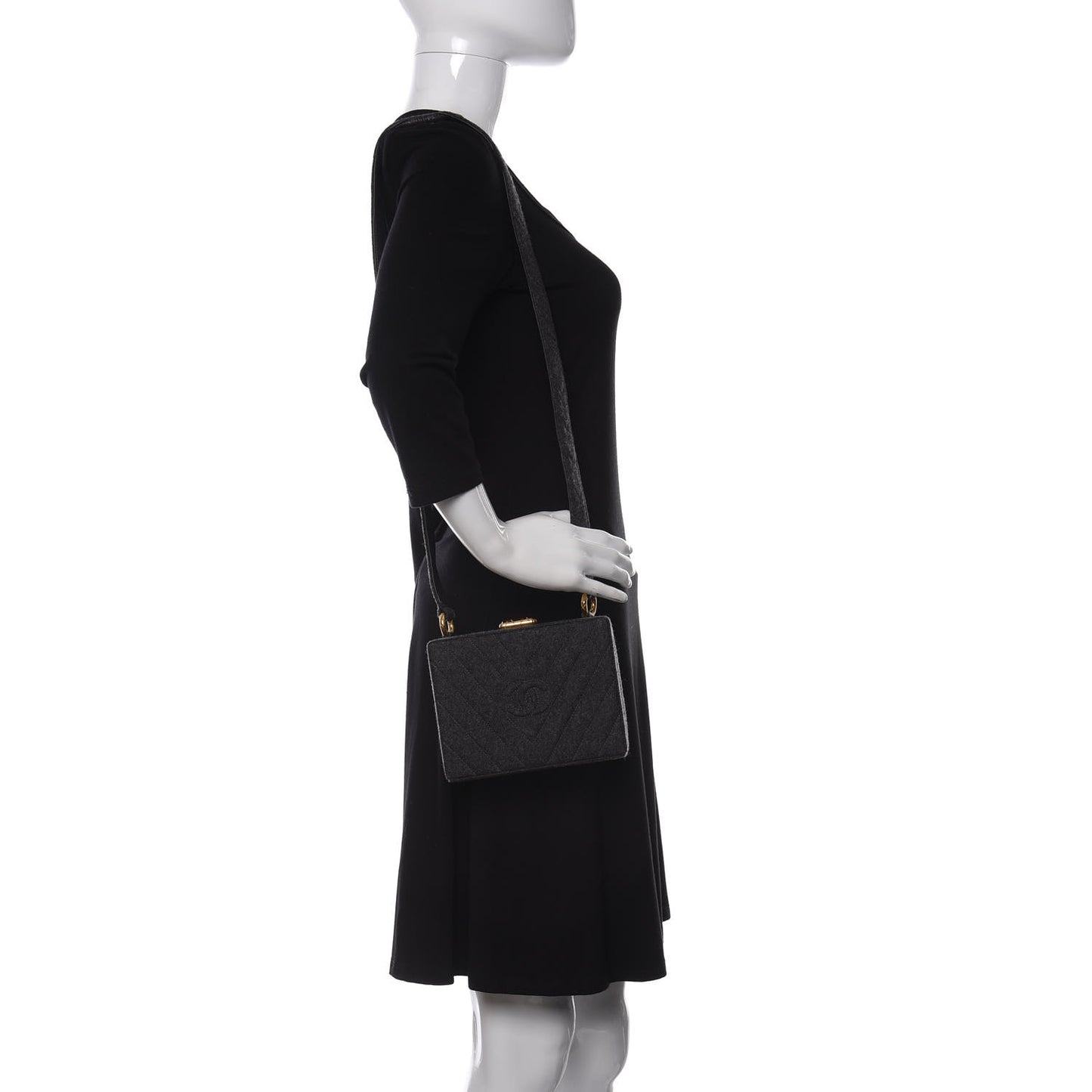 Wool Chevron Quilted CC Shoulder Bag Grey