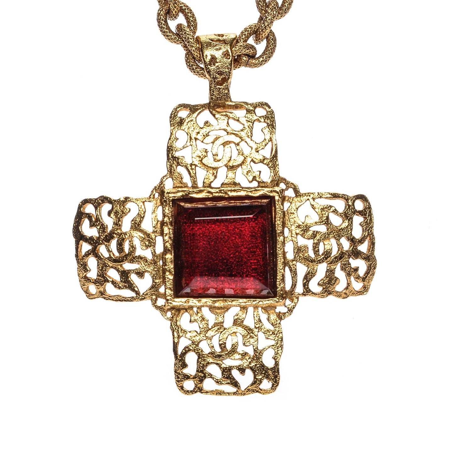 Gripoix CC Cross Pendant Necklace Red Gold