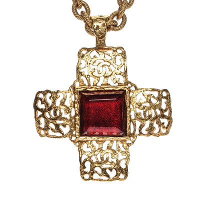 Chanel Gripoix CC Cross Pendant Necklace Red Gold 3 of 7