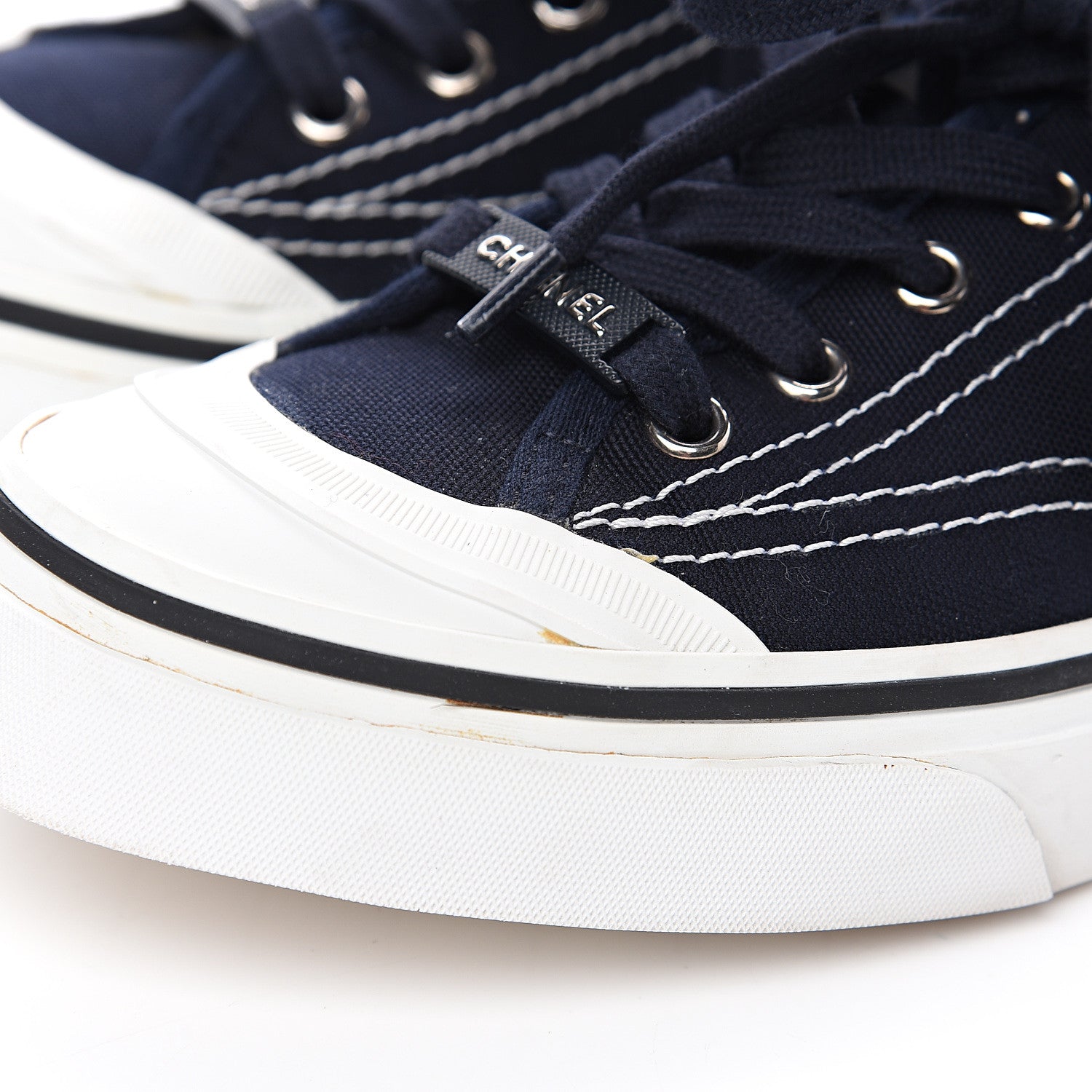 Chanel Canvas Lace Up Cap Toe Sneakers 39 Navy 11 of 14