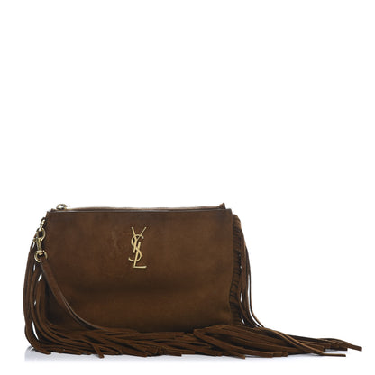 Saint Laurent Suede Calfskin Small Fringe Clutch Brown 1 of 12