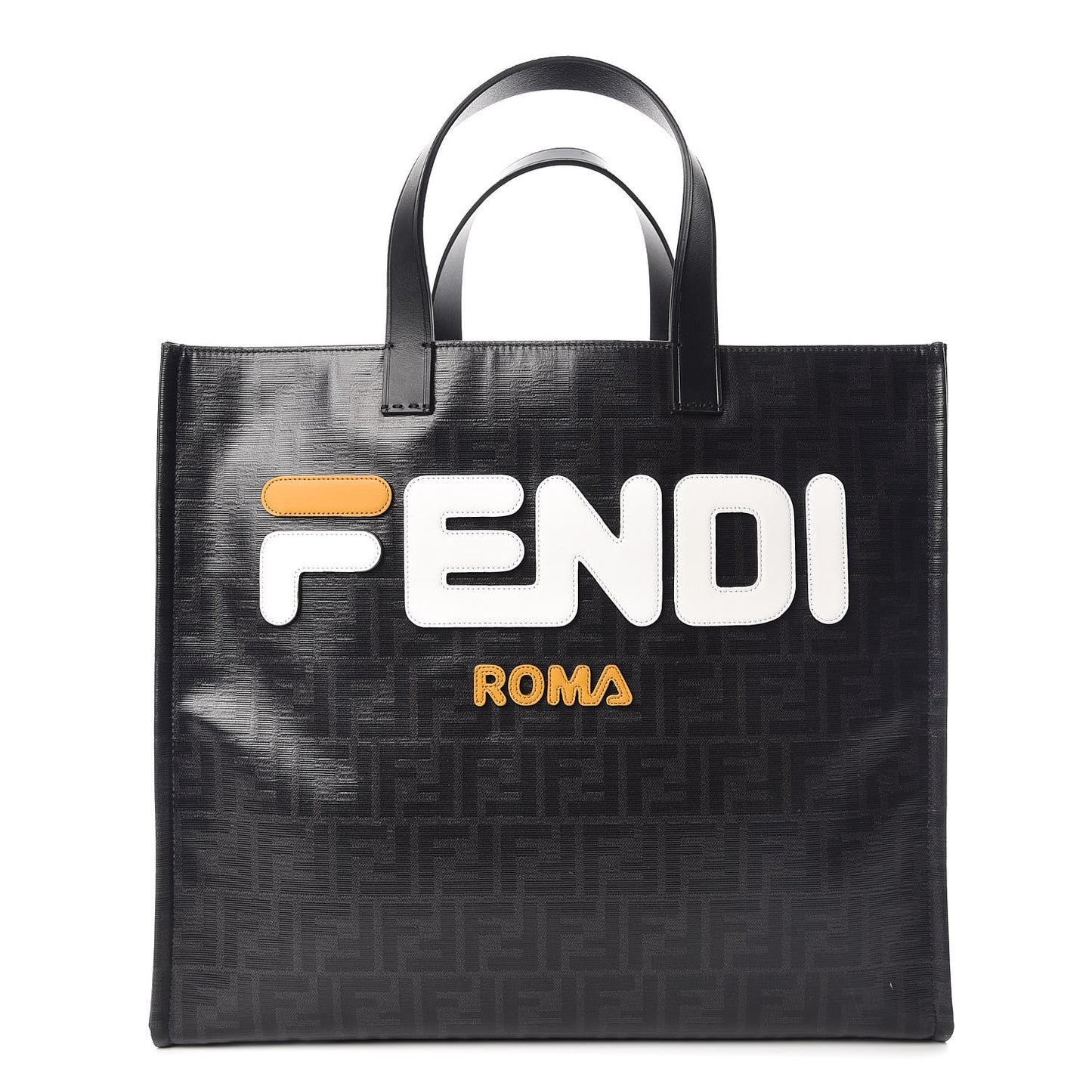 X FILA Glazed Fabric FF 1974 Mania Shopping Tote Bag Black White