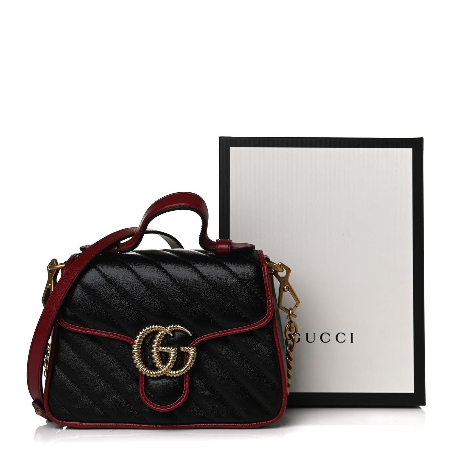 Vintage Effect Calfskin Matelasse Diagonal Small Torchon GG Marmont Top Handle Shoulder Bag Black Romantic Cherry