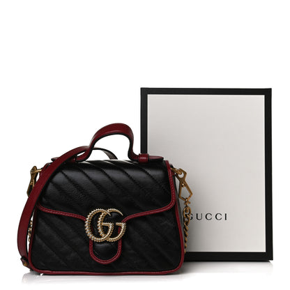 Gucci Vintage Effect Calfskin Matelasse Diagonal Small Torchon GG Marmont Top Handle Shoulder Bag Black Romantic Cherry 13 of 13