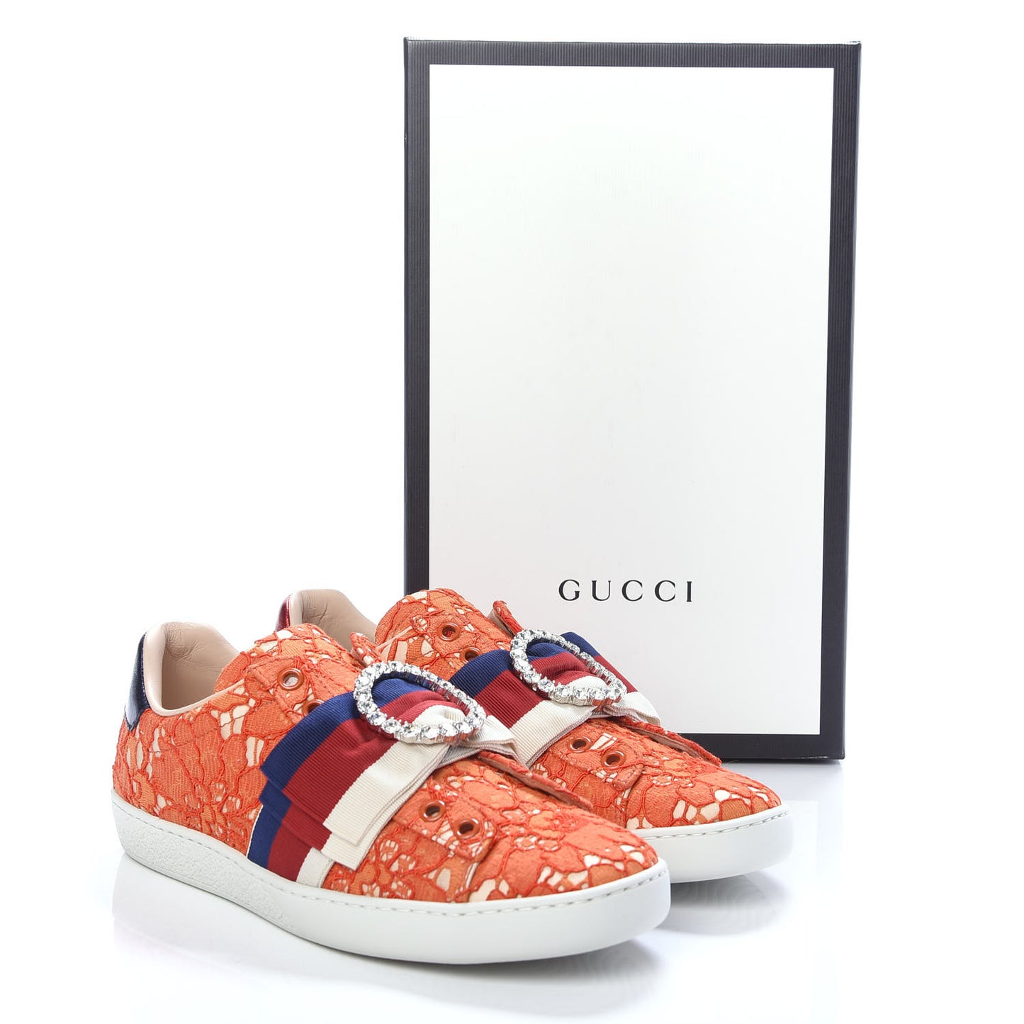 Lace Crystal Sylvie Web Flower Leaf Womens Ace Sneakers 35.5 Hot Orange Tan Beige