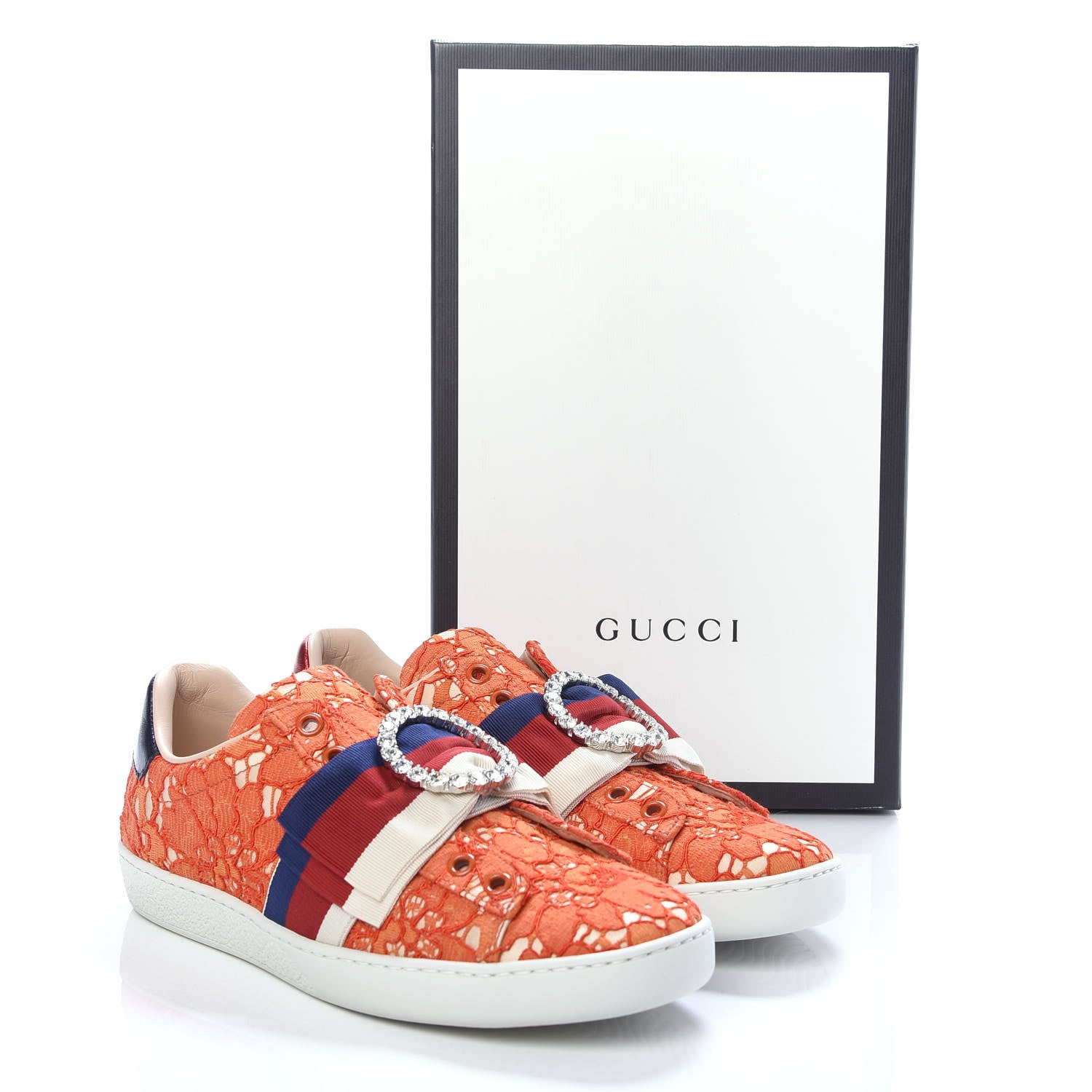 Gucci Lace Crystal Sylvie Web Flower Leaf Womens Ace Sneakers 35.5 Hot Orange Tan Beige 9 of 9