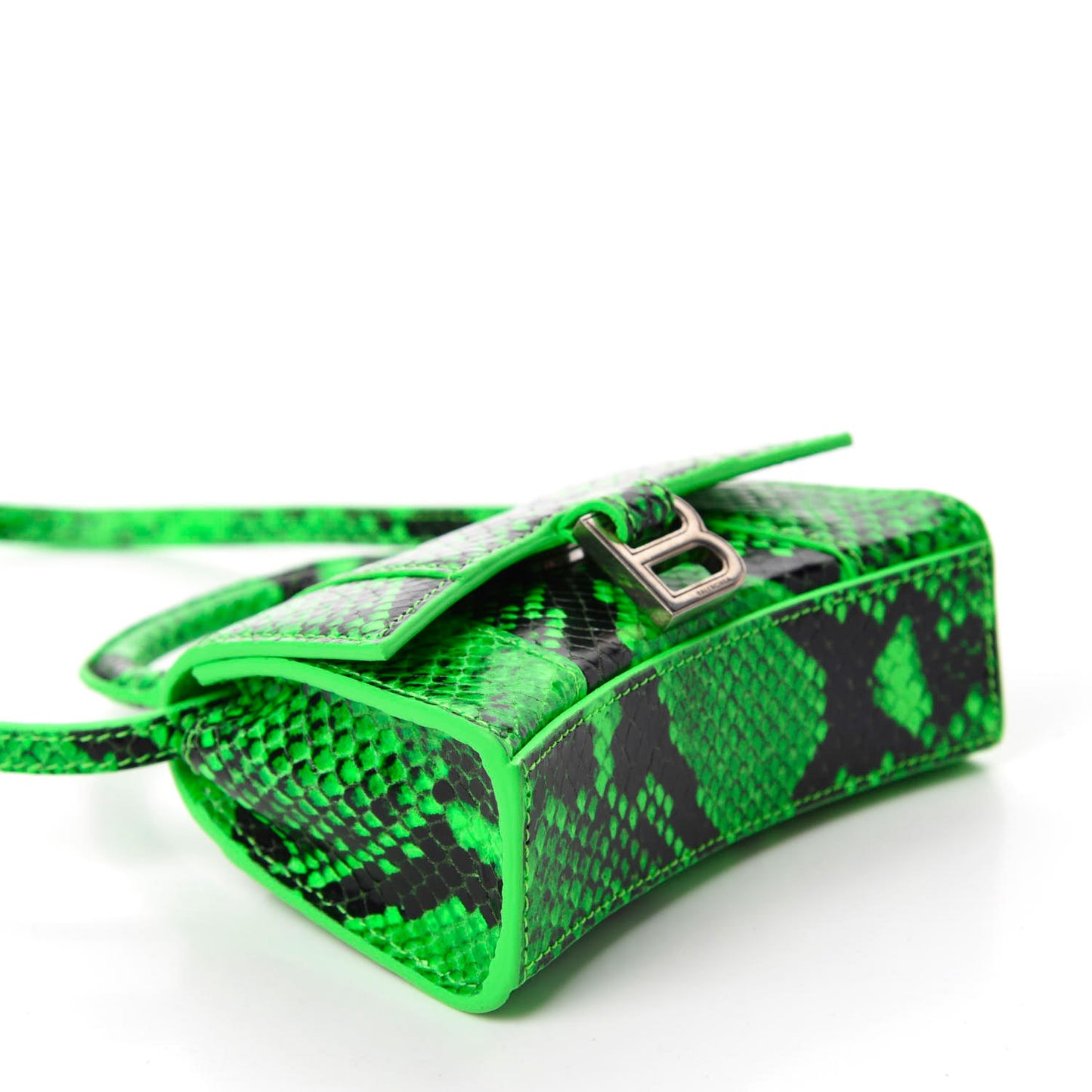Shiny Calfskin Python Effect Hourglass Top Handle Bag Mini Fluo Green Black