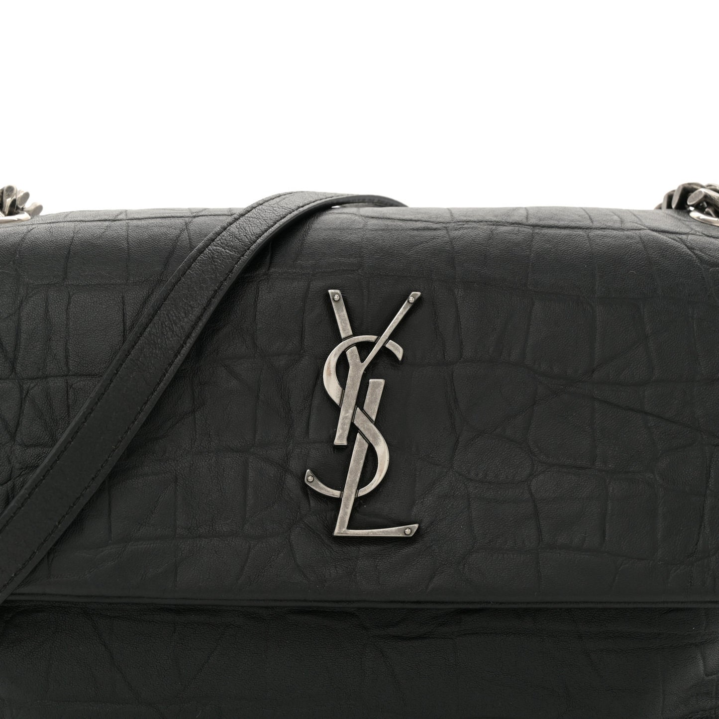 Calfskin Crocodile Embossed Medium West Hollywood Monogram Fold-Over Black