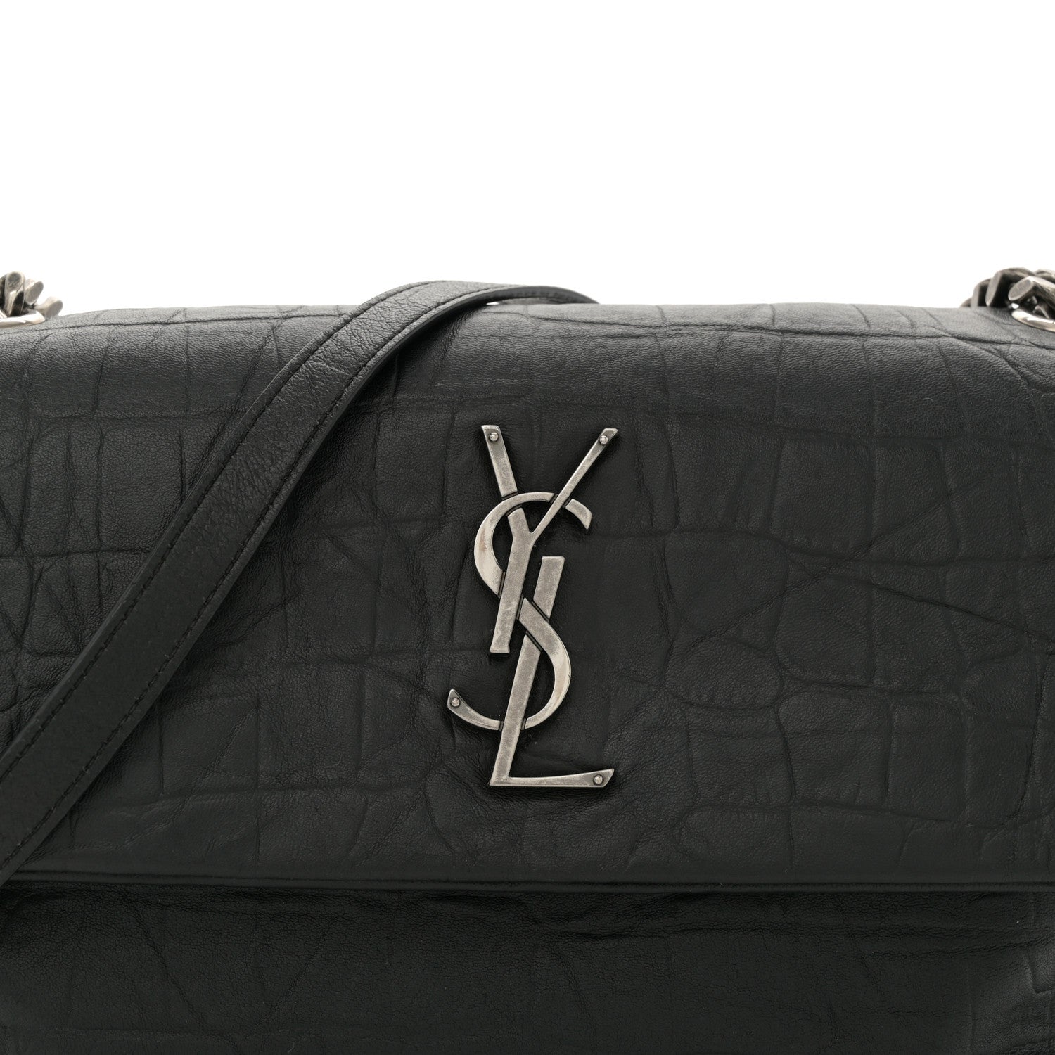 Saint Laurent Calfskin Crocodile Embossed Medium West Hollywood Monogram Fold-Over Black 8 of 11