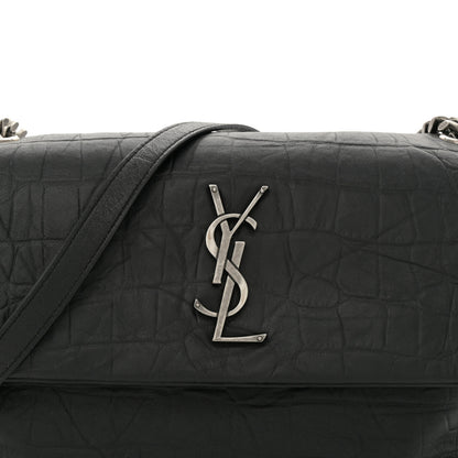 Saint Laurent Calfskin Crocodile Embossed Medium West Hollywood Monogram Fold-Over Black 8 of 11