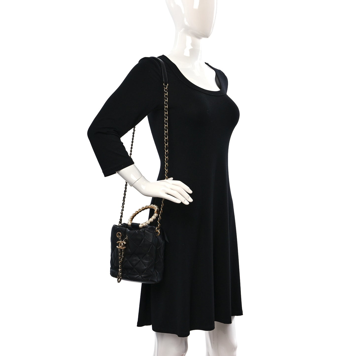 Lambskin Quilted Pearl Crown Drawstring Bag Black