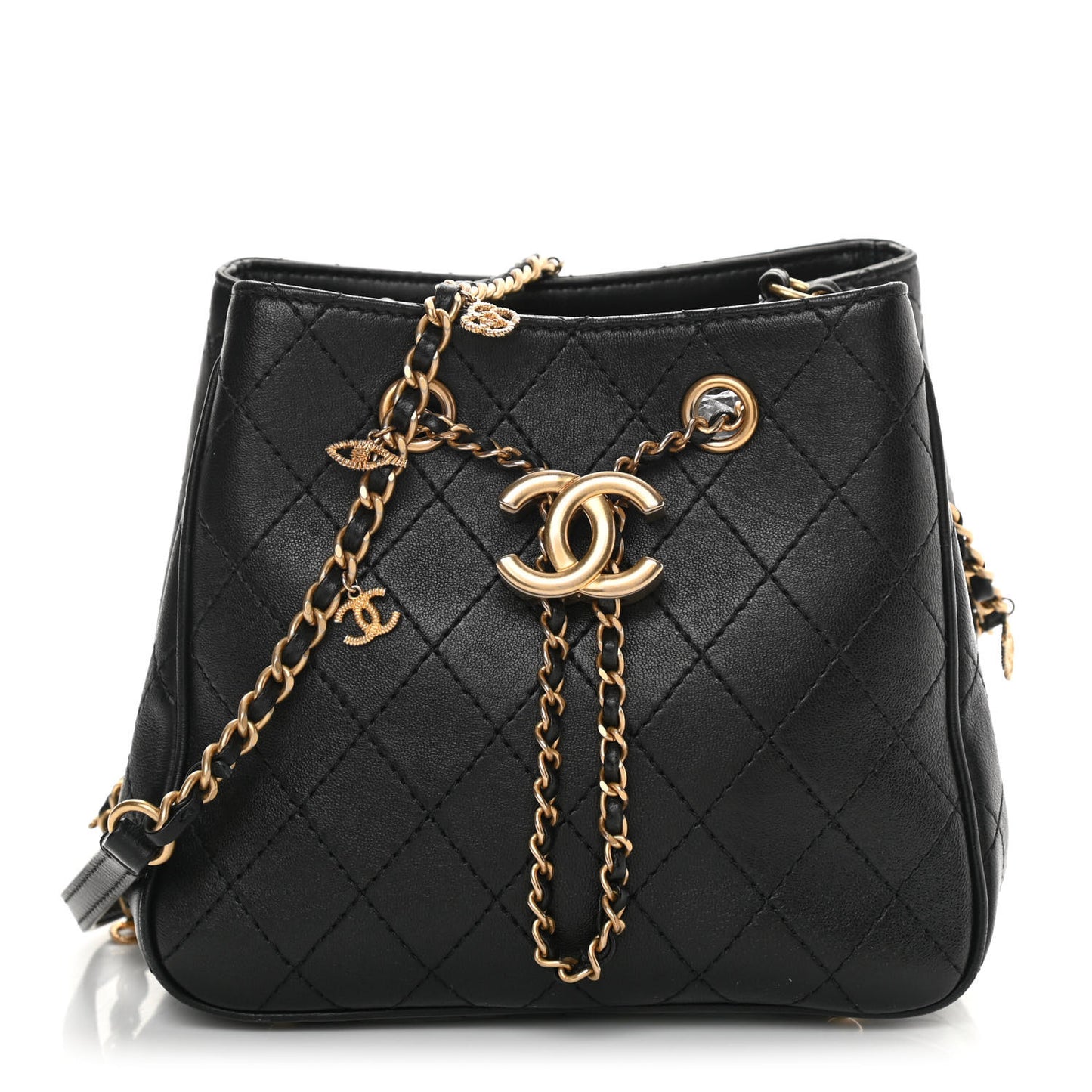 Calfskin Stitched Small Egyptian Amulet Drawstring Bag Black
