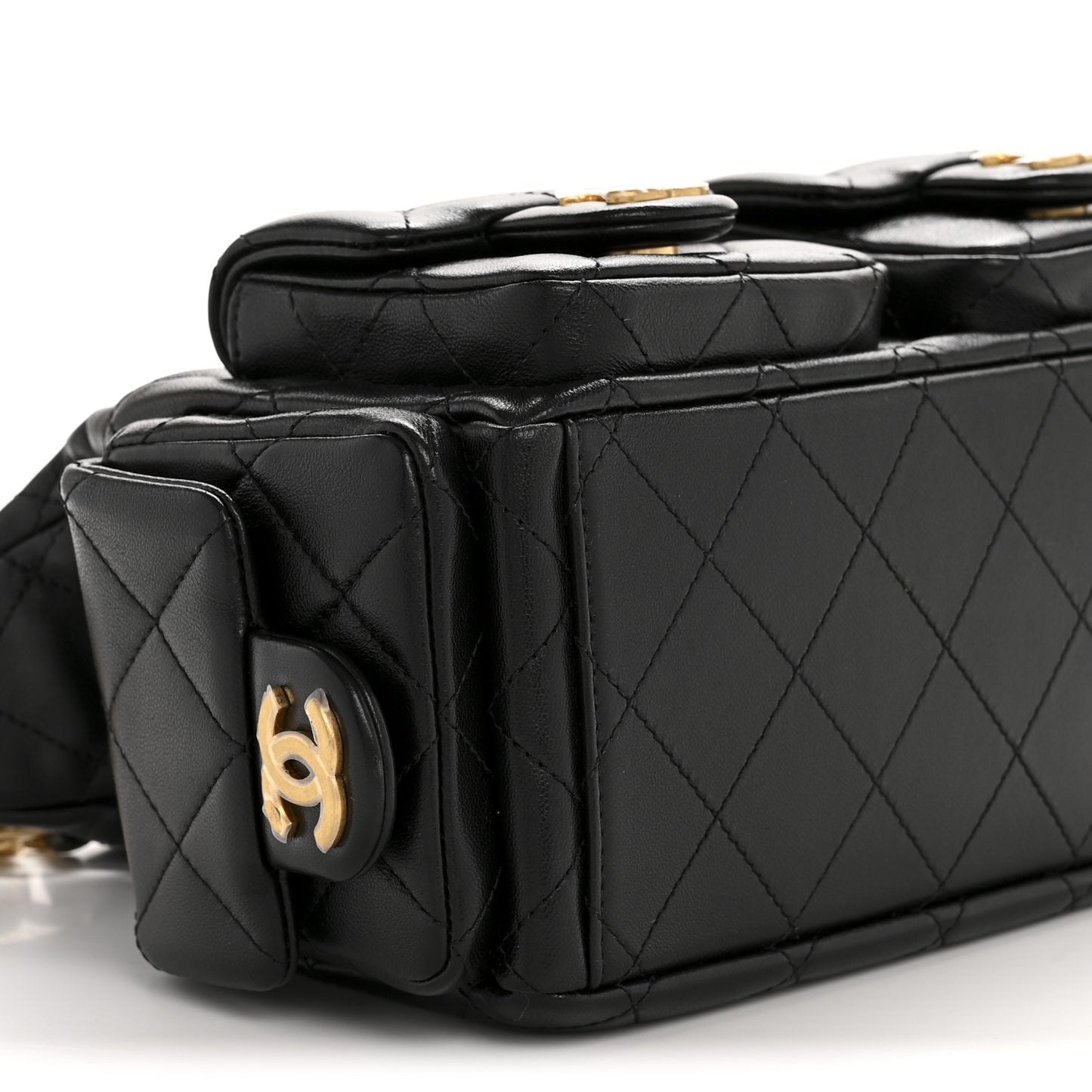 Shiny Lambskin Quilted Trendy Pockets Hobo Black
