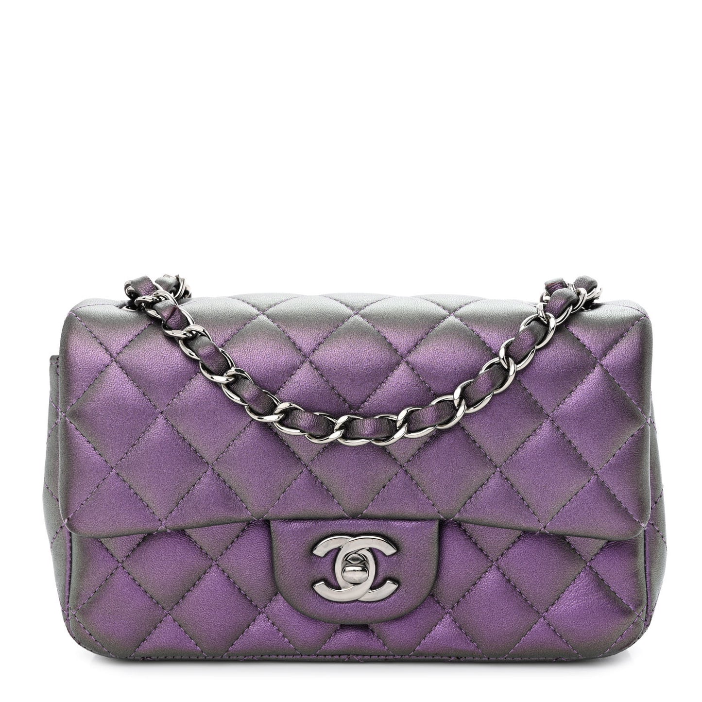 Iridescent Lambskin Quilted Mini Rectangular Flap Dark Purple